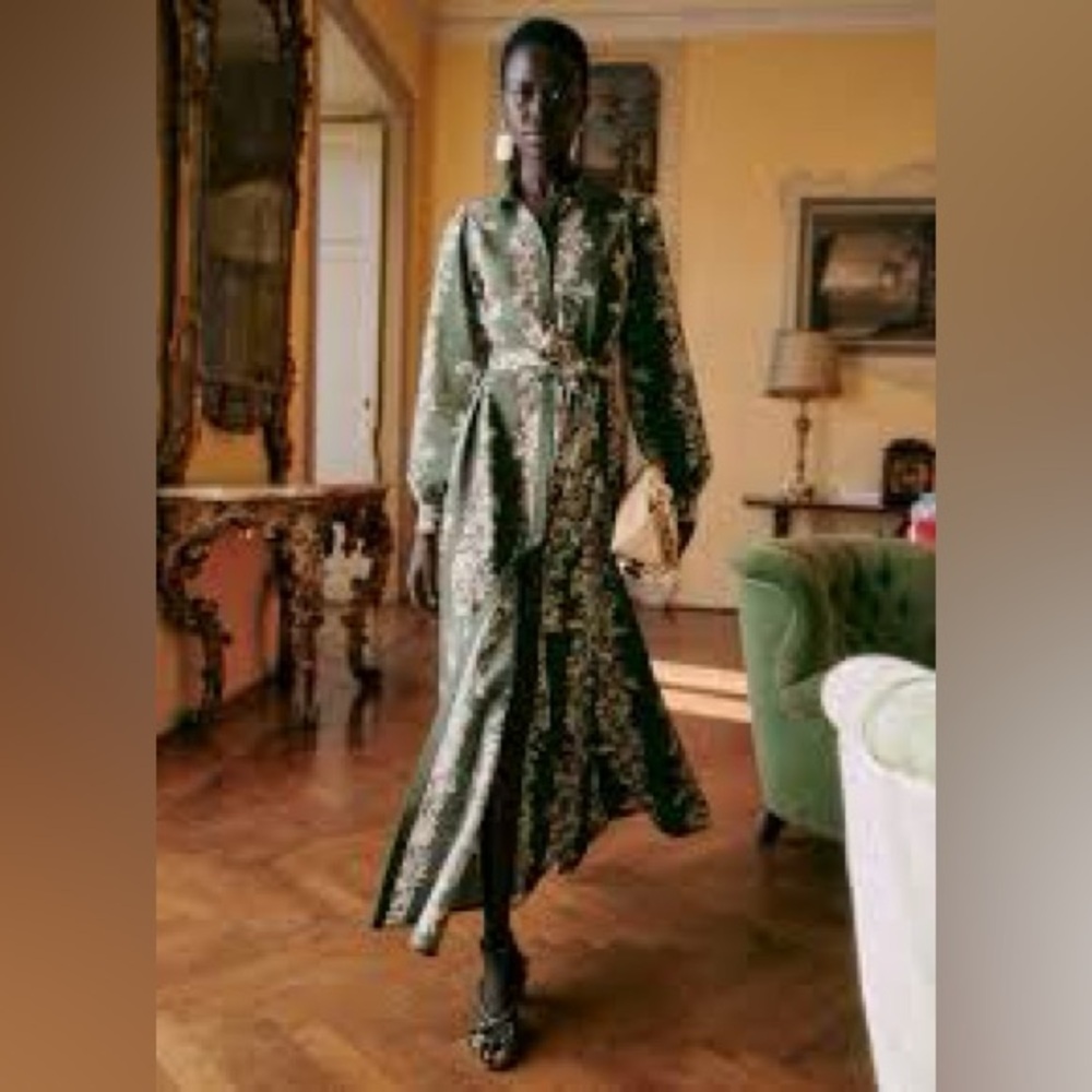 Sezane Olive Green Floral Long Sleeve Shirt Dress - Picture 2 of 5